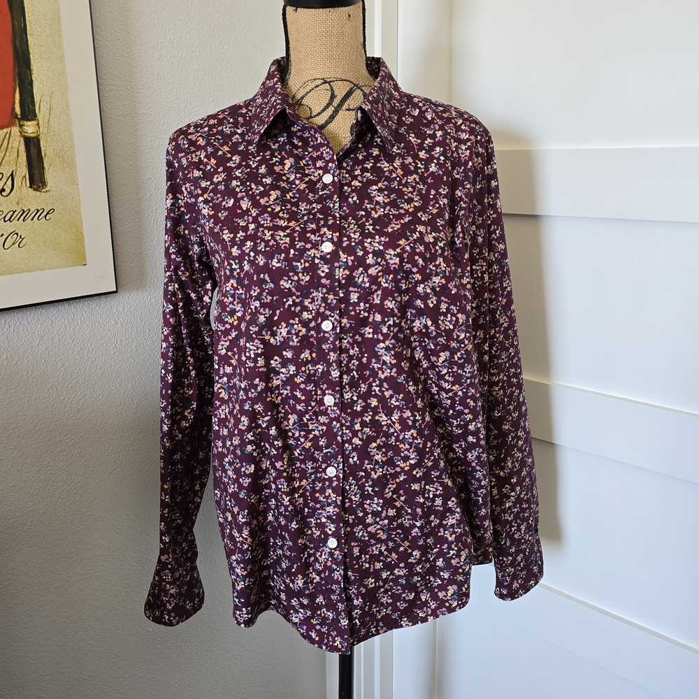 LL Bean Floral Women's Blouse 100% Cotton. Size Large. Burgundy Floral. EUC.